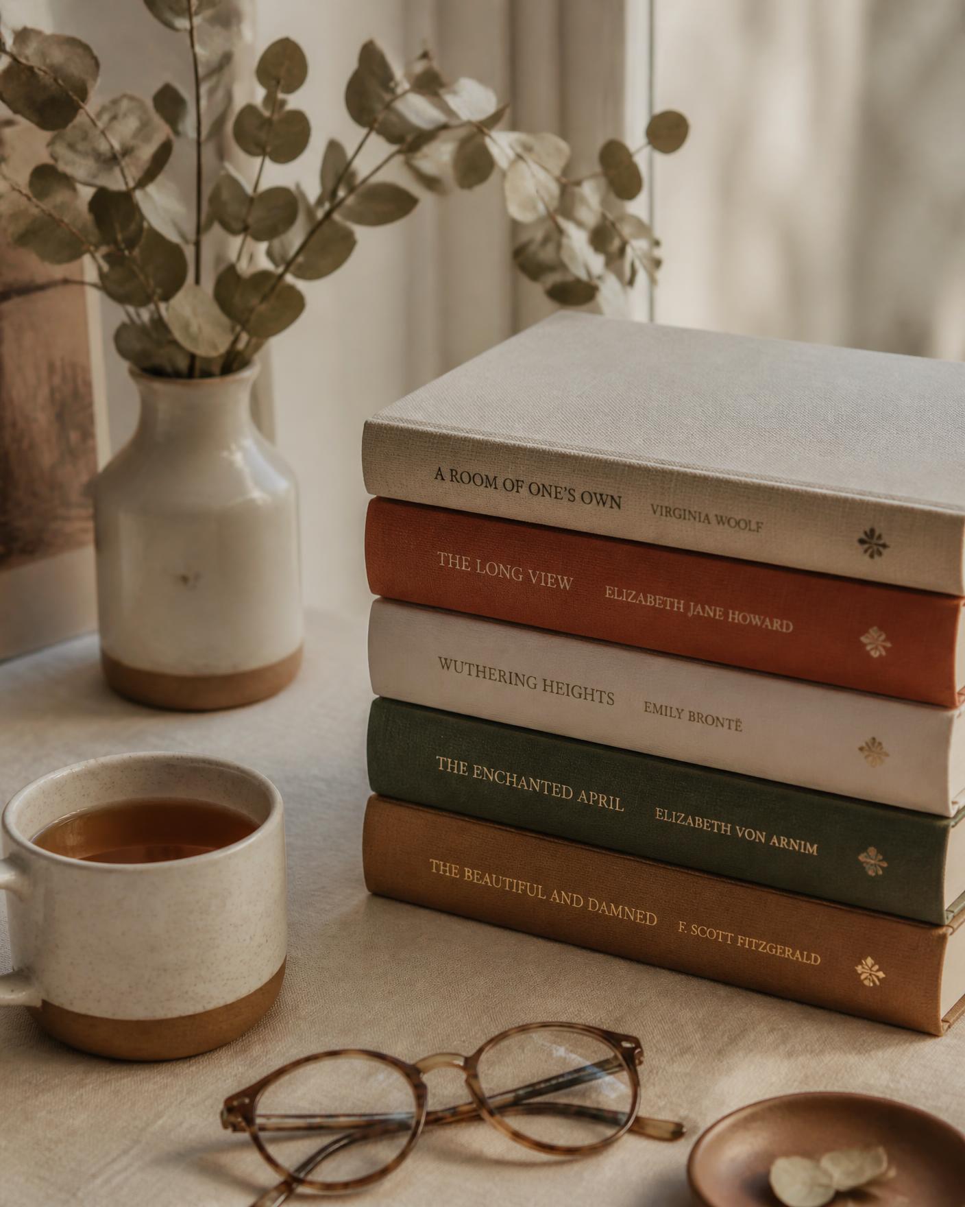 A stack of cloth-bound hardcover books beside a cup of tea in warm window light